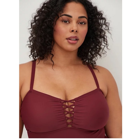 NWOT TORRID LATTICE FRONT PEPLUM LONG SWIM DRESS - BERRY - Picture 3 of 6